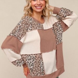 T6 NWT Haptics Plus Ribbed Cable Knit Patchwork Leapord Pullover Top 1X 2X 3X